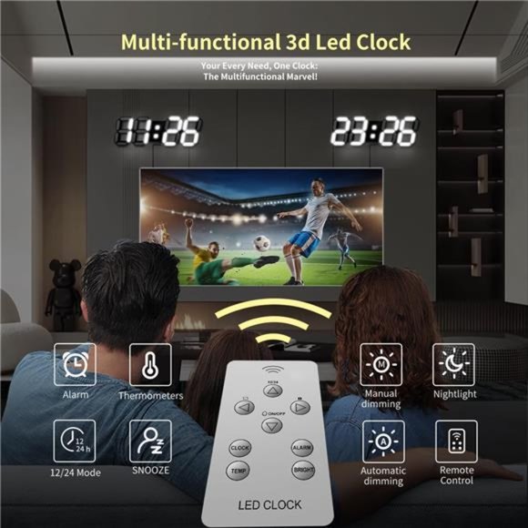 Digital Wall Clocks 15'' 3D LED Aesthetic Clock Alarm Remote Dimmer Thermometer - Picture 4 of 5